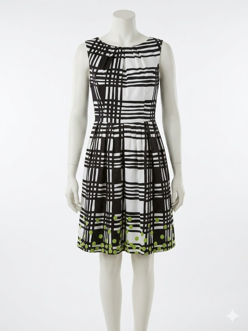 Black and White Plaid Fit-and-Flare Dress with Green Accent